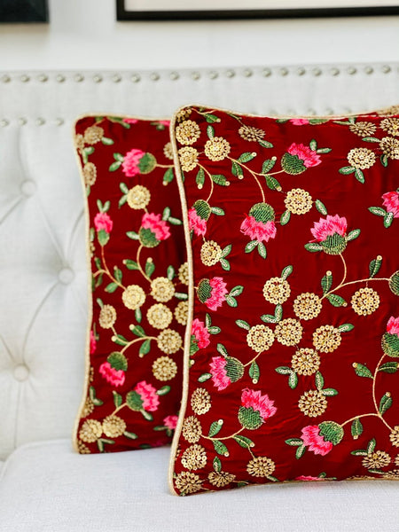 Red Velvet with Floral Embroidery and Sitara Work Cushion Cover