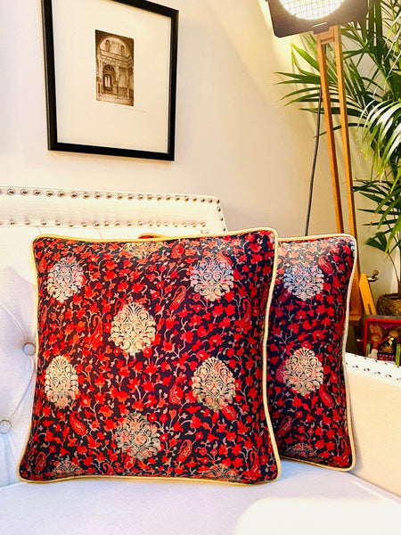 Printed Chanderi with Subtle Gold Weave Cushion Cover- Black& Red