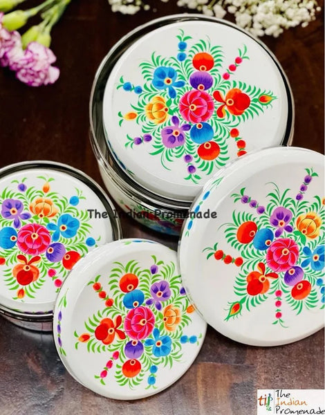Set of 4 hand Painted Enamelware steel container-White