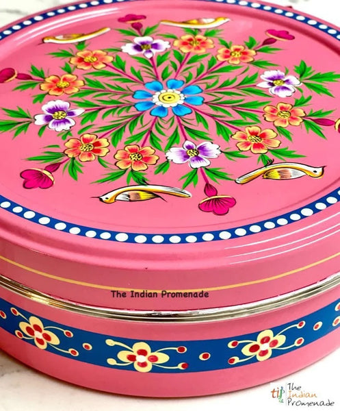 Hand Painted Enamelware Masala Dani (Spice Box)- Pink