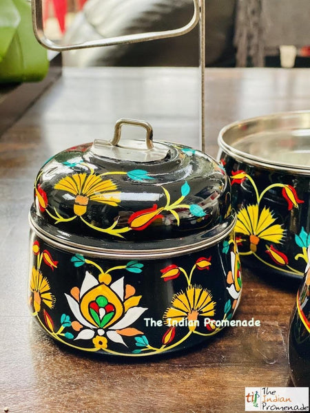 3 Tier Black Hand Painted Enamelware Stainless Steel Tiffin