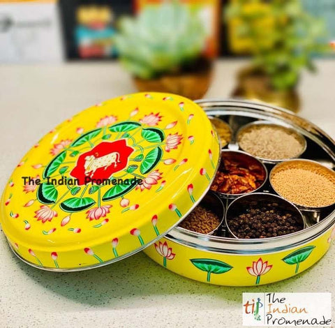 Hand Painted Pichwai art Inspired Enamelware Masala Dani (Spice Box) Yellow