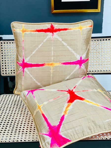 Pure Silk Tie & Dye Cushion Cover with Subtle Gold Zari Stripes- Beige