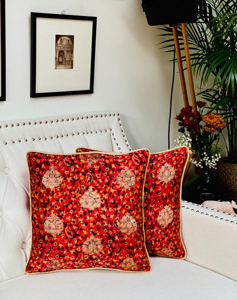 Printed Chanderi with Subtle Gold Weave Cushion Cover- Red