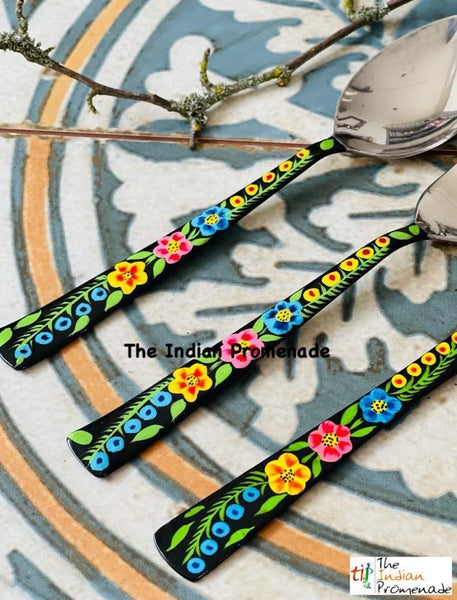 Hand-painted Floral Kashmir Enamelware Cutlery set of 18- Black