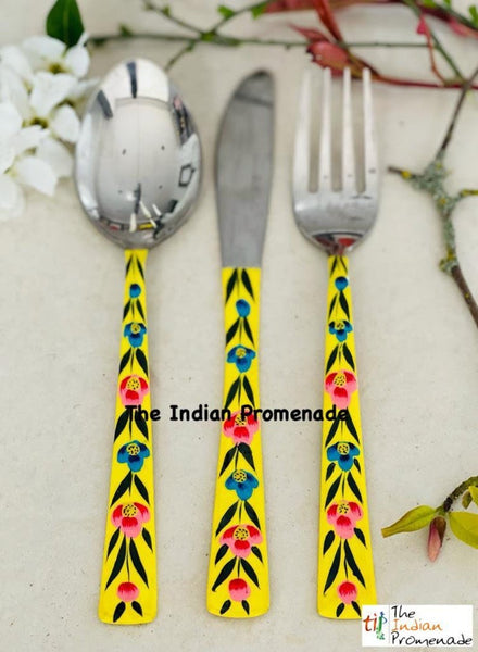 Hand-painted Floral Kashmir Enamelware Cutlery set of 18- Yellow