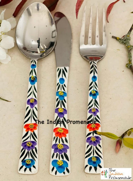 Hand-painted Floral Kashmir Enamelware Cutlery set of 18- White