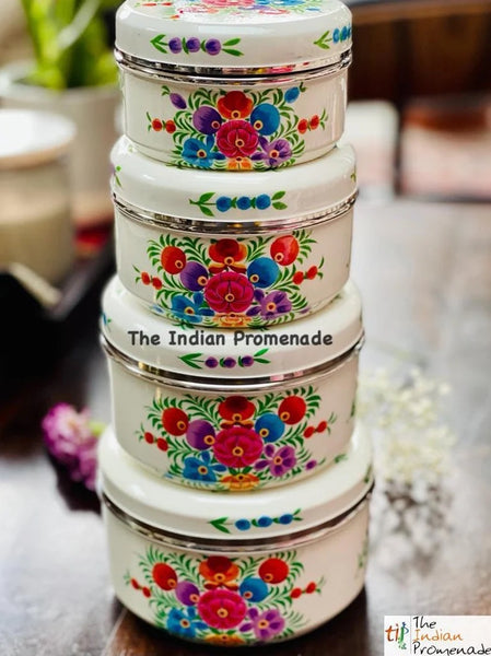 Set of 4 hand Painted Enamelware steel container-White