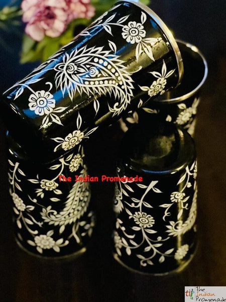 Black Paisley Hand Painted Kashmir Enamelware Stainless Steel Tumblers ( set of 4)