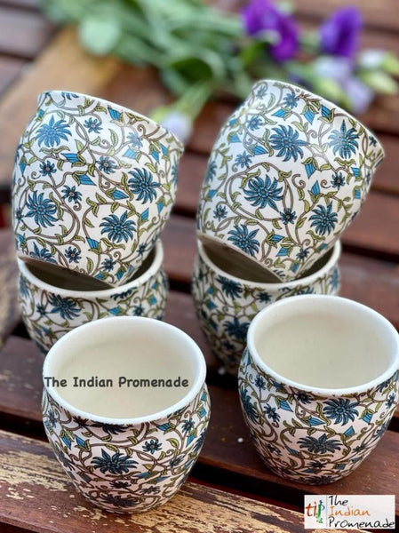 Glazed Kulhad Chai Glasses-Floral Blue , set of 6