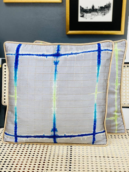 Pure Silk Tie & Dye Cushion Cover with Subtle Gold Zari Stripes- Grey