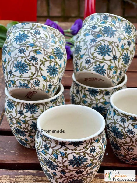 Glazed Kulhad Chai Glasses-Floral Blue , set of 6