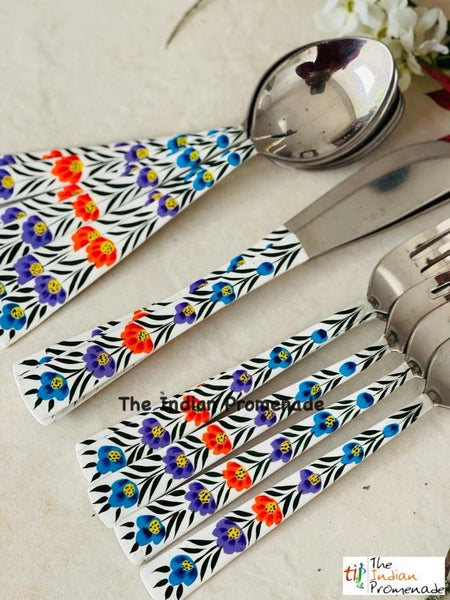 Hand-painted Floral Kashmir Enamelware Cutlery set of 18- White