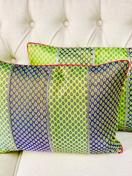 Patchwork Cushion Cover in Double Shades - Parrot Green/ Blue
