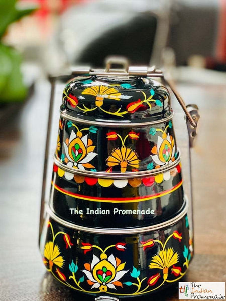 3 Tier Black Hand Painted Enamelware Stainless Steel Tiffin