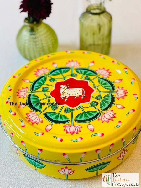 Hand Painted Pichwai art Inspired Enamelware Masala Dani (Spice Box) Yellow