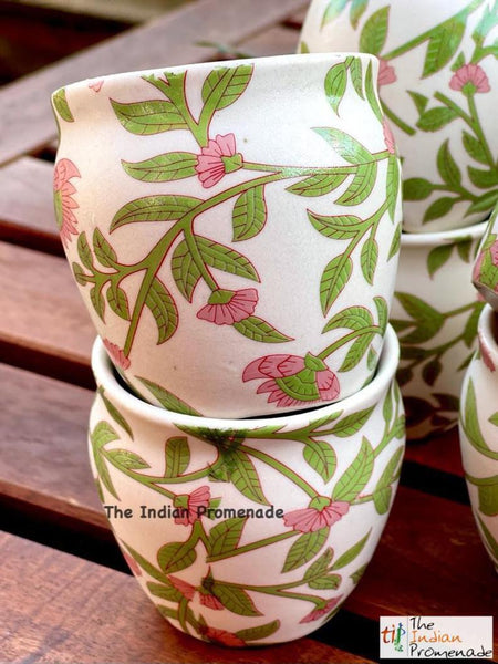 Glazed Kulhad Chai Glasses-Floral Green , set of 6