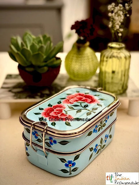 Hand Painted Enamelware Stainless Steel 2 tier Lunch Box /Lunch Tin ( Blue)