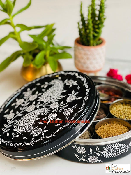 Hand Painted Paisley Enamelware Masala Dani (Spice Box) -Black