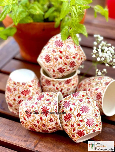 Glazed Kulhad Chai Glasses-Floral Red , set of 6
