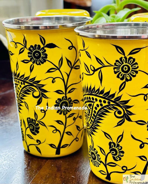 Yellow Paisley Hand Painted Kashmir Enamelware Stainless Steel Tumblers ( set of 4)