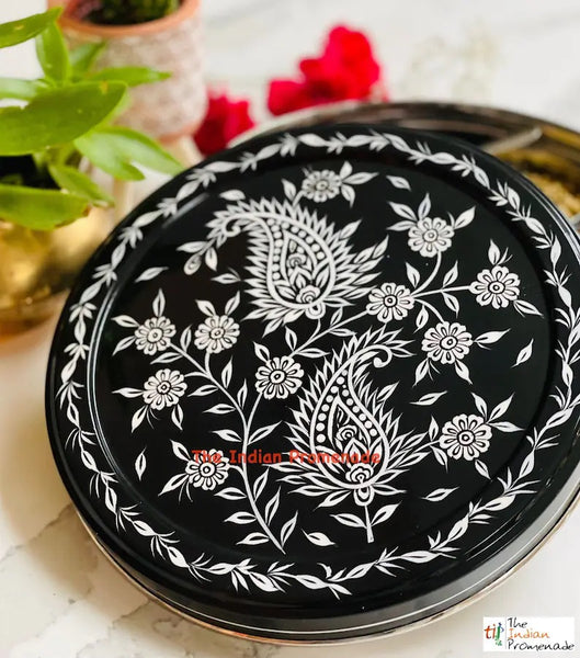Hand Painted Paisley Enamelware Masala Dani (Spice Box) -Black