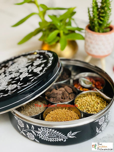 Hand Painted Paisley Enamelware Masala Dani (Spice Box) -Black