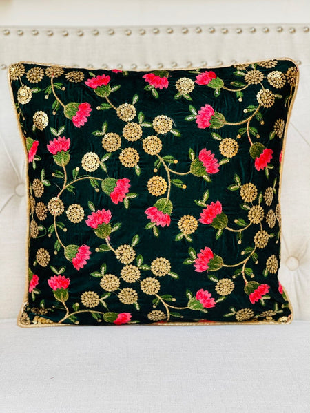 Green Velvet with Floral Embroidery and Sitara work Cushion Cover