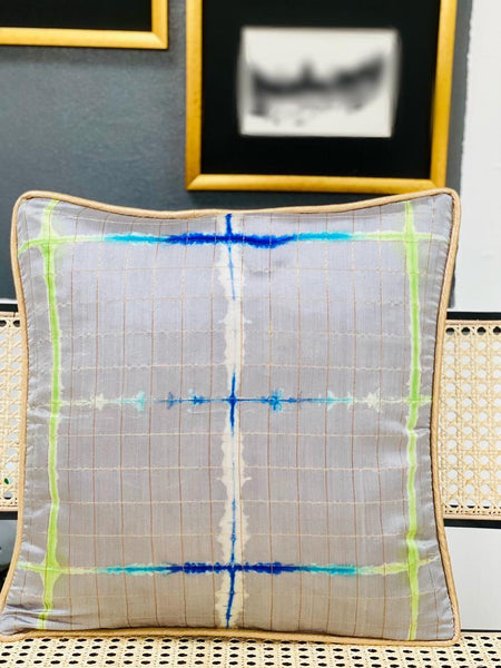 Pure Silk Tie & Dye Cushion Cover with Subtle Gold Zari Stripes- Grey