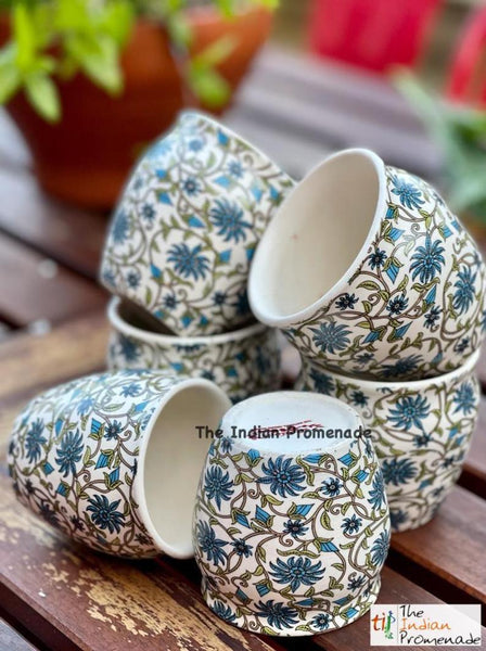 Glazed Kulhad Chai Glasses-Floral Blue , set of 6