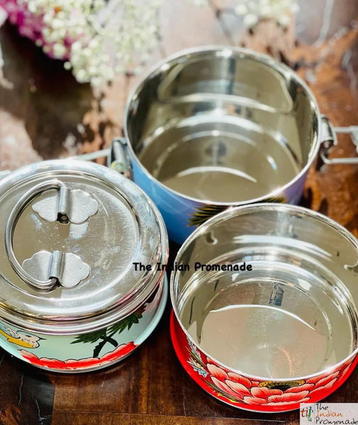 3 Tier Hand Painted Kashmir Enamelware Stainless Steel Tiffin ( Multicolour with birds)