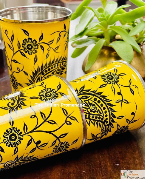 Yellow Paisley Hand Painted Kashmir Enamelware Stainless Steel Tumblers ( set of 4)