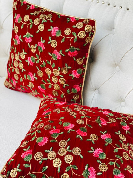 Red Velvet with Floral Embroidery and Sitara Work Cushion Cover
