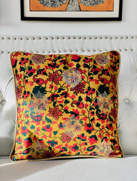 Printed Chanderi with Subtle Gold Weave Cushion Cover- Mustard