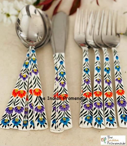 Hand-painted Floral Kashmir Enamelware Cutlery set of 18- White