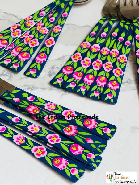 Hand-painted Floral Kashmir Enamelware Cutlery set of 18- Midnight Blue