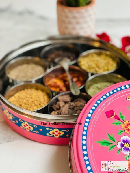 Hand Painted Enamelware Masala Dani (Spice Box)- Pink