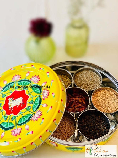 Hand Painted Pichwai art Inspired Enamelware Masala Dani (Spice Box) Yellow
