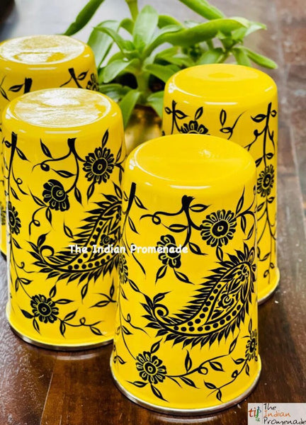 Yellow Paisley Hand Painted Kashmir Enamelware Stainless Steel Tumblers ( set of 4)