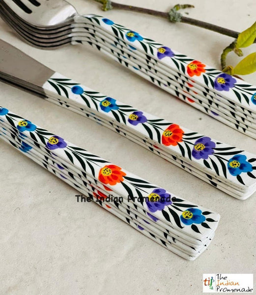 Hand-painted Floral Kashmir Enamelware Cutlery set of 18- White