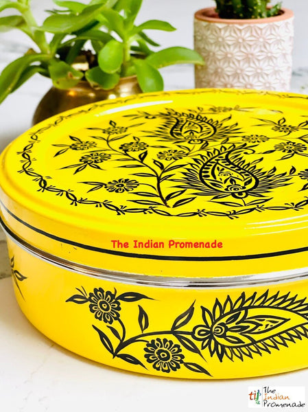 Hand Painted Paisley Enamelware Masala Dani (Spice Box)-Yellow