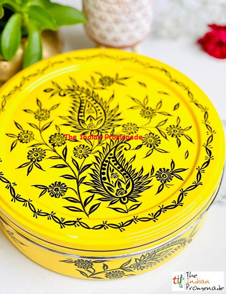 Hand Painted Paisley Enamelware Masala Dani (Spice Box)-Yellow