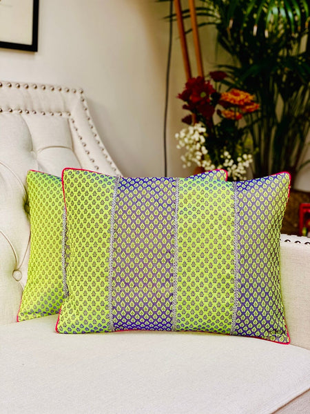 Patchwork Cushion Cover in Double Shades - Parrot Green/ Blue