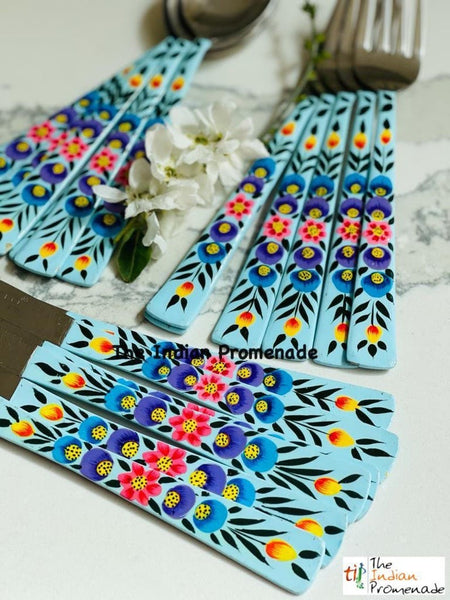 Hand-painted Floral Kashmir Enamelware Cutlery set of 18- Turquoise Blue