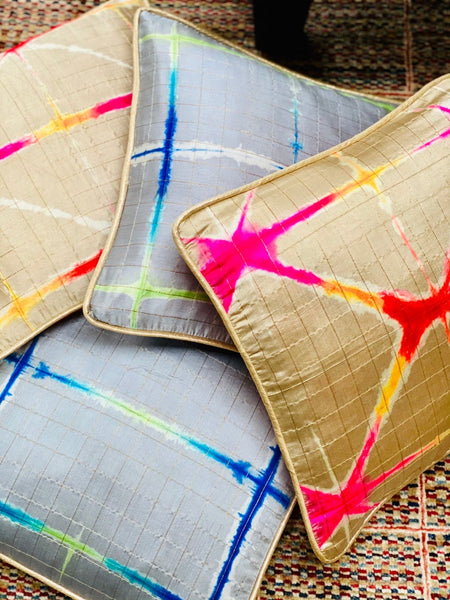 Pure Silk Tie & Dye Cushion Cover with Subtle Gold Zari Stripes- Beige
