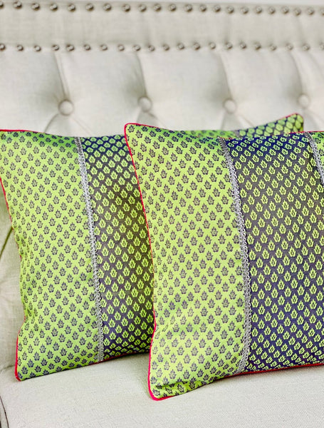 Patchwork Cushion Cover in Double Shades - Parrot Green/ Blue