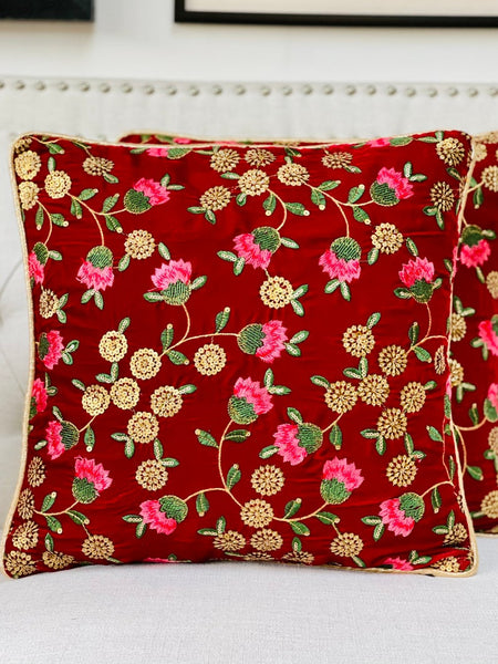 Red Velvet with Floral Embroidery and Sitara Work Cushion Cover