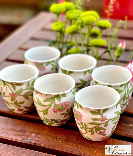 Glazed Kulhad Chai Glasses-Floral Green , set of 6