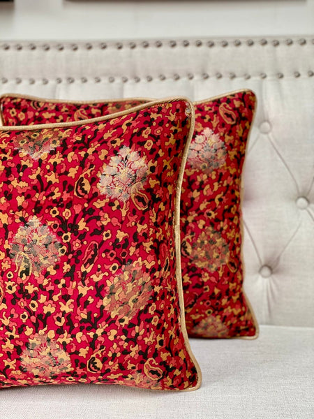 Printed Chanderi with Subtle Gold Weave Cushion Cover- Red