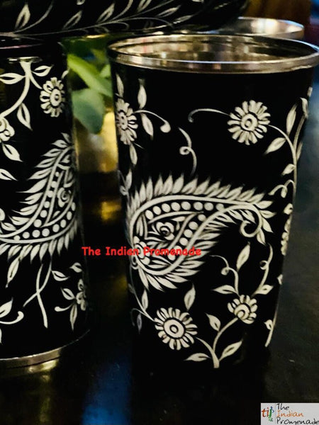 Black Paisley Hand Painted Kashmir Enamelware Stainless Steel Tumblers ( set of 4)